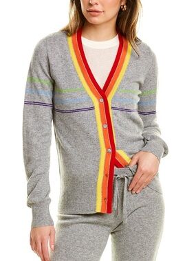 Madeleine Thompson Bella Fitted Rainbow Cardigan Cashmere/Wool Grey V-neck